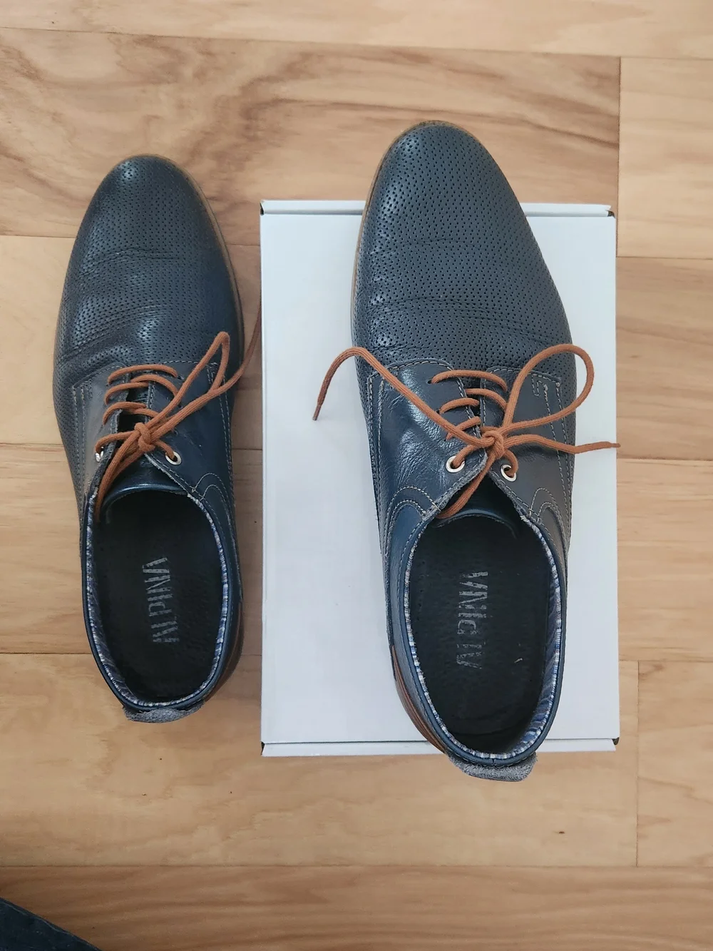 Men's Navy Europen Leather Derby Shoes with Brown Laces